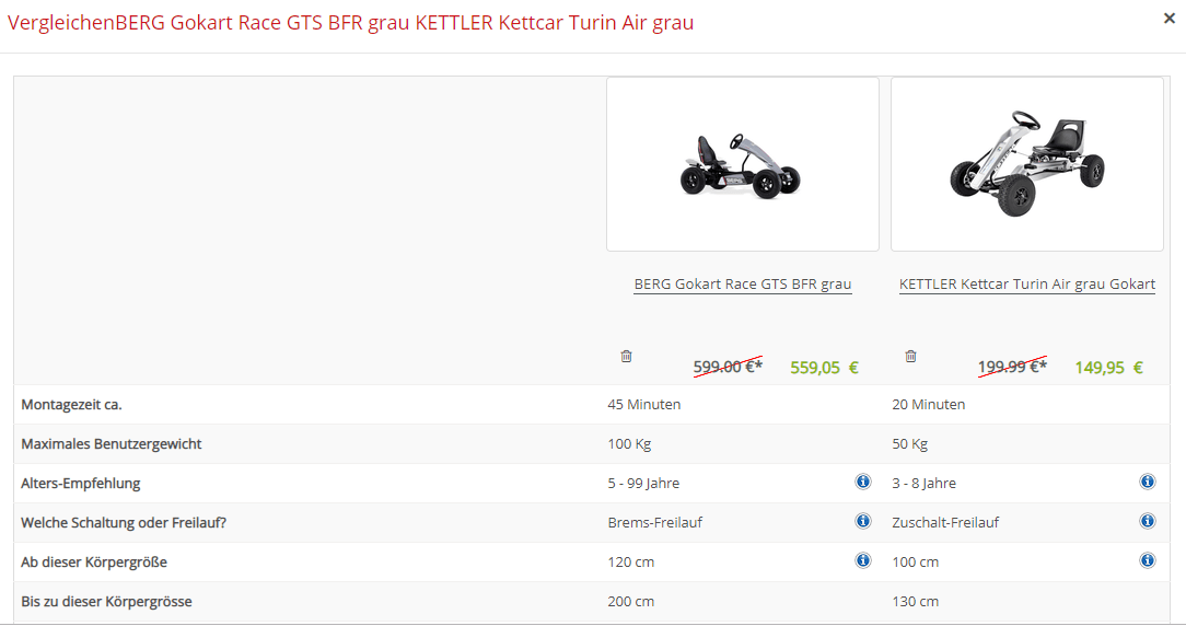 VERGLEICH BERG Race GTS - Kettler Kettcar Turin Air - gokart-profi.de