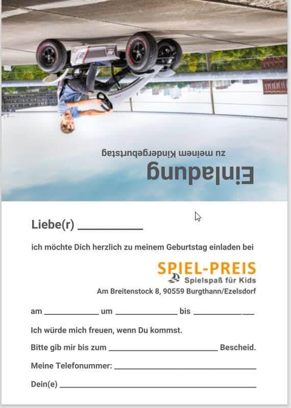 Einladungskarte SPIEL-PREIS - Kindergeburtstag Ideen - gokart-profi.de