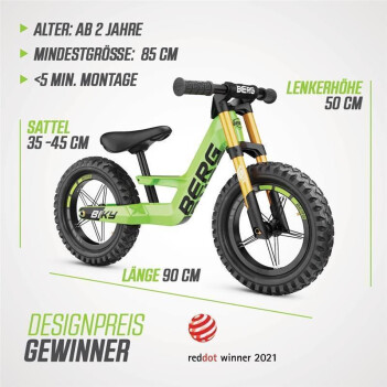 BERG Laufrad Biky Cross grün 12" + Seitenstütze + GRATIS Licht